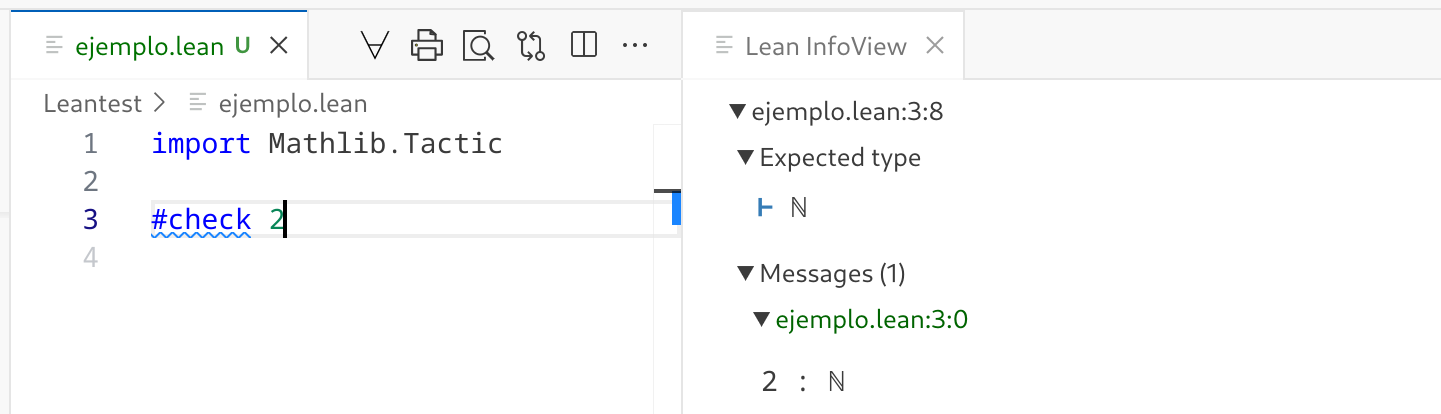 Screenshot of Lean's InfoView showing the result of checking the type of an expression with the #check command.