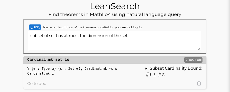 Screenshot of a LeanSearch search result for the query "subset of set has at most the dimension of the set".