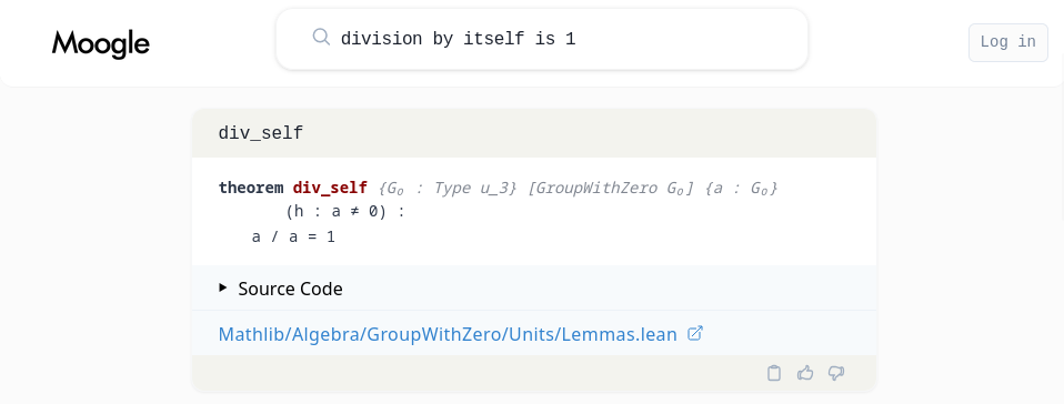 Screenshot of a Moogle search result for the query "division by itself is 1".