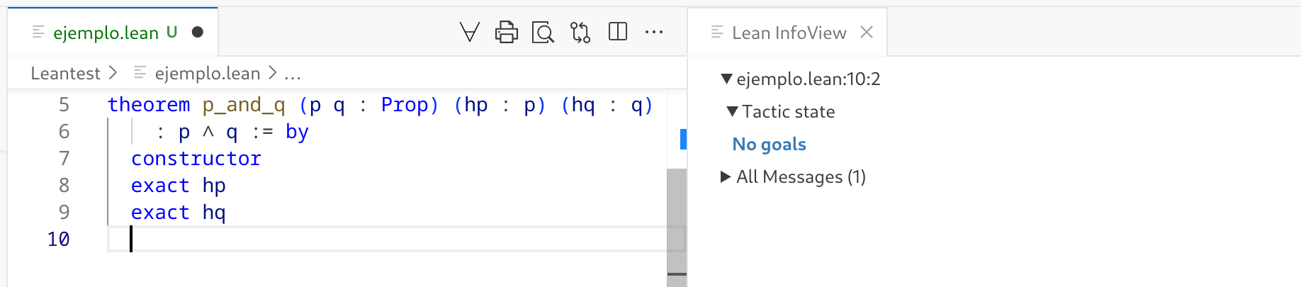 Screenshot of Lean's InfoView showing the No goals message once the proof has been completed.