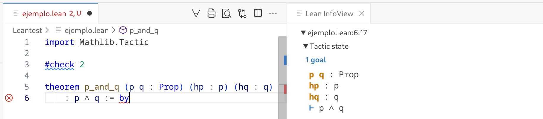 Screenshot of Lean's InfoView showing the tactic state of a proof, with the hypothesis context and the goal marked with the symbol ⊢.